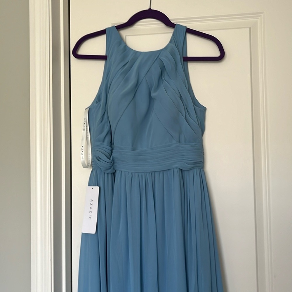 Brand new, tags on, size 10, Azazie Harper A line dress. Color Steel Blue.